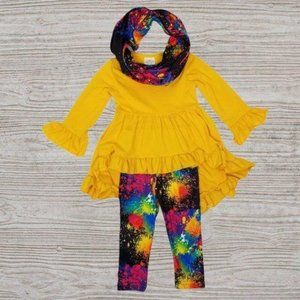 Yellow Tunic Tie Dye Leggings & Scarf Outfit